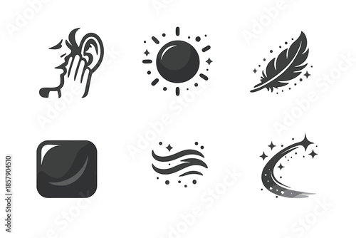 Emotional Subtlety Icons. Solid style icons of emotional subtlety: whisper line, dim glow, faint feather, inner shadow, silent