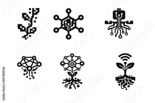 Data Ecology Icons. Solid style icons of data ecology: pixel vine, connected cell, information root, neural web, system bloom,