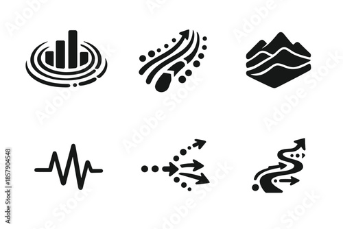 Analytical Motion Icons. Solid style icons of analytical motion: bar ripple, stream curve, layered chart, pulse wave, directional