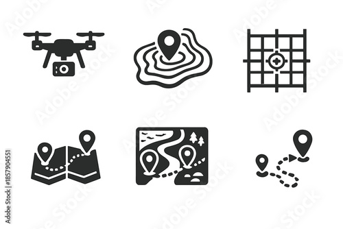 Digital Mapping Icons. Solid style icons of digital mapping: drone camera, altitude lines, coordinate grid, waypoints, top view,