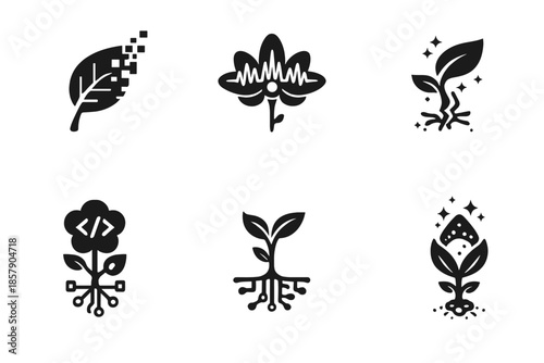 Digital Nature Icons. Solid style icons of Digital Nature: pixel leaf, waveform petal, energy stem, code flower, data root, light