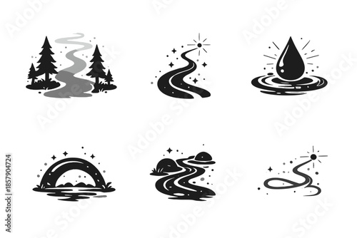 Calm Path Icons. Solid style icons of Calm Direction: misty path, guiding line, luminous drop, serene arc, tranquil flow, light