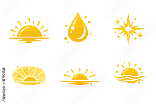 Morning Light Icons. Solid style icons of Morning Light: sun arc, dew droplet, golden ray, soft glow, horizon beam, warm mist No