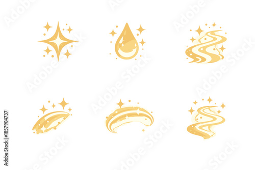 Gentle Illumination Icons. Solid style icons of Gentle Illumination: sun spark, mist drop, warm stream, radiant curve, soft halo,