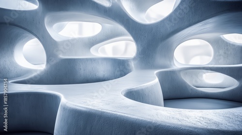 Large, empty room with a lot of open space and a lot of windows. The room is very modern and has a very clean