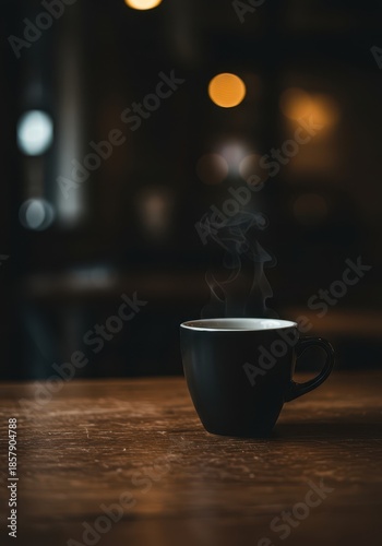 Moody dark setting featuring a ceramic black coffee cup placed on a rustic wooden cafe table with a blurred background bokeh effect ,wooden ,comfort ,cafe