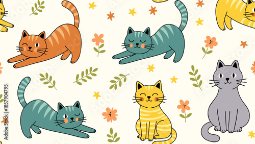 Vector Illustration of Cats in Various Poses Surrounded by Floral Elements on a Cream Background