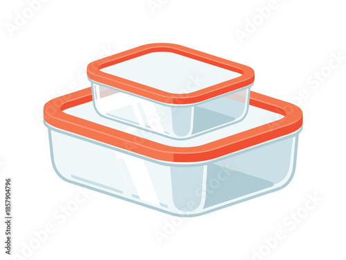 Vector illustration of two transparent glass containers with orange lids stacked on top of each other in a clean white environment