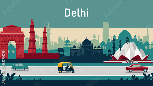 Vector Illustration of Delhi Cityscape with Vehicles and Landmarks in a Vibrant Urban Environment from a Distant Viewpoint