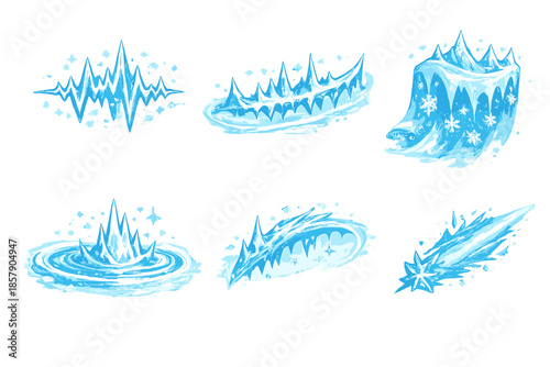Arctic Rhythm Icons. Solid style icons of Arctic Rhythm: snow pulse, icy line, frost veil, frozen ripple, chill arc, cold beam No