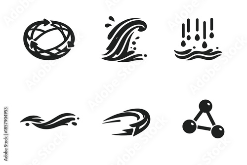 Adaptive Motion Icons. Solid style icons of Adaptive Motion: mesh loop, water stream, rain pulse, flowing line, drift arc,