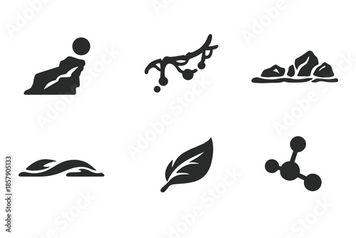 Edge Harmony Icons. Solid style icons of Edge Harmony: cliff dot, moss thread, rock line, calm arc, soft leaf, floating node No