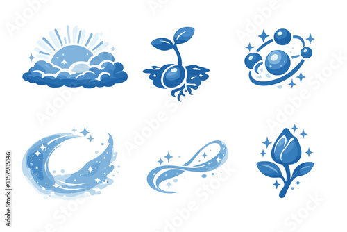 Sprouting Horizon Icons. Solid style icons of Sprouting Horizon: cloud rim, seed sprout, floating node, luminous arc, soft thread,