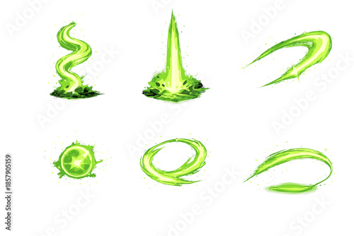 Rebirth Energy Icons. Solid style icons of Rebirth Energy: ash swirl, sky beam, glowing trail, floating pulse, radiant loop, soft