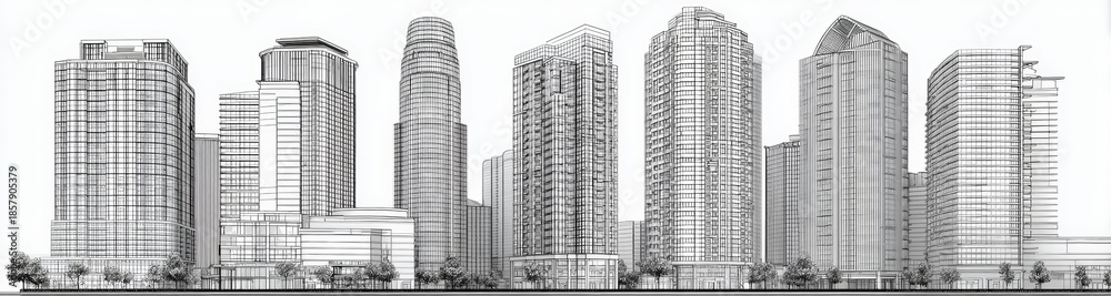Fototapeta premium City skyline with tall buildings and a few people walking on the sidewalk. The buildings are drawn in black and white