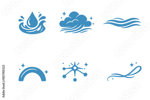 Calm Flow Icons. Solid style icons of Calm Flow: drop crest, cloud veil, flowing line, soft arc, luminous node, airy thread No