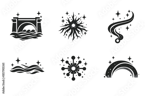 Subtle Emergence Icons. Solid style icons of Subtle Emergence: tide gate, spark root, luminous thread, flowing line, radiant node,