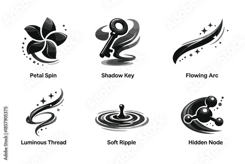 Graceful Motion Icons. Solid style icons of Graceful Motion: petal spin, shadow key, flowing arc, luminous thread, soft ripple,