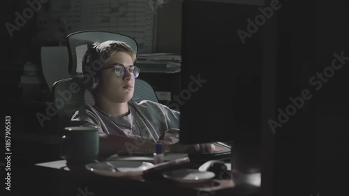 Medium handheld shot of teenage boy in glasses and headphones at cluttered computer desk with coffee mug and snacks, focused on screen activity