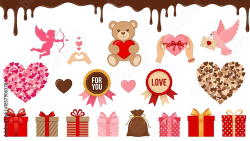 Happy Valentine's Day greeting with heart-shaped hot air balloons floating among clouds against a pink background