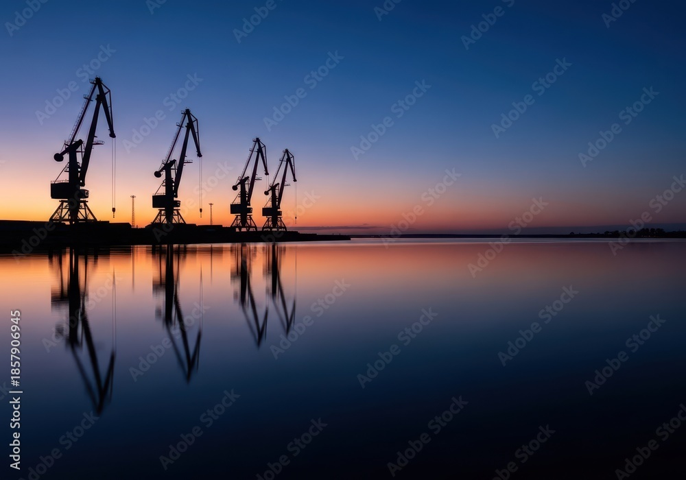 Obraz premium Tranquil blue hour descends upon a working harbor. Crane silhouettes stand against the deepening dusk sky reflecting on still water, moody, urban, transportation