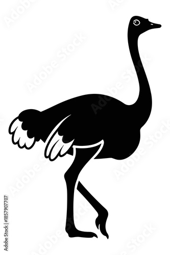 Silhouette graphic design of a tall flightless ostrich bird standing alertly with long legs and neck isolated on a plain white background representing wildlife or savanna fauna.