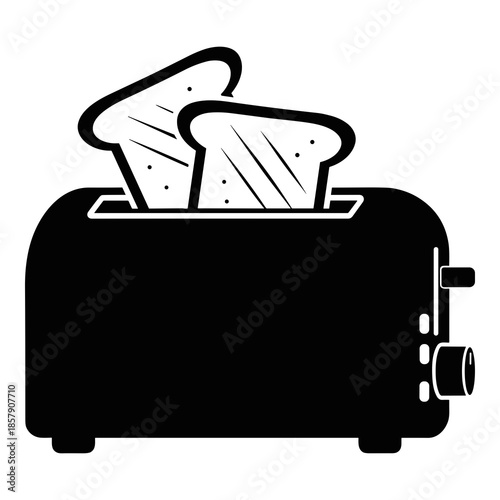 Simple black and white silhouette illustration icon representing a classic electric toaster appliance actively browning two slices of bread ready for breakfast service