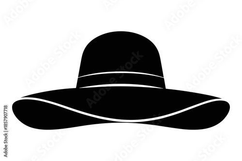 Simple black and white graphic illustration silhouette of a classic wide-brimmed sun hat perfect for beach trips or garden parties offering essential protection from bright overhead summer sunlight