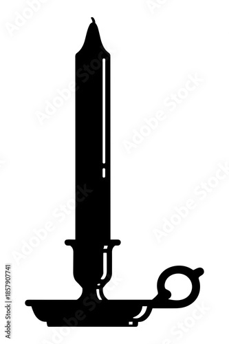 Silhouette graphic design depicting a simple vintage taper candle standing upright within a small traditional candle holder or candlestick base illustrating illumination or a classic element.