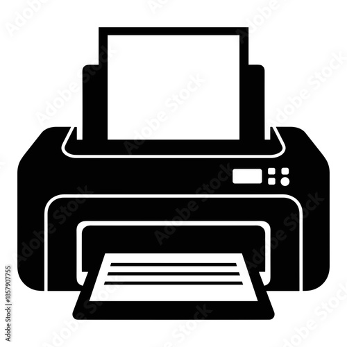 Simple black and white iconographic representation of a modern desktop inkjet or laser printer device actively printing a paper document output tray.
