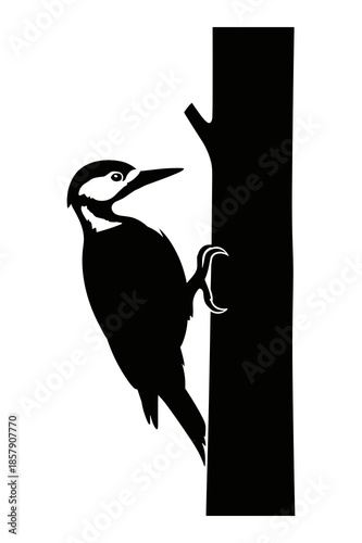 Simple black and white silhouette graphic illustrating a detailed woodpecker bird clinging vertically to the side of a solid tree trunk in a classic profile view for nature art