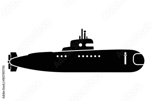 Silhouette of a large military submarine viewed from the side showing the conning tower and horizontal profile against a stark white background illustration