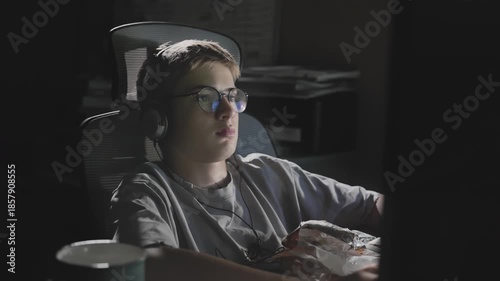 Handheld shot of teenage boy in glasses and headphones at computer desk with chips packet, late-night gaming or studying session, cinematic lighting