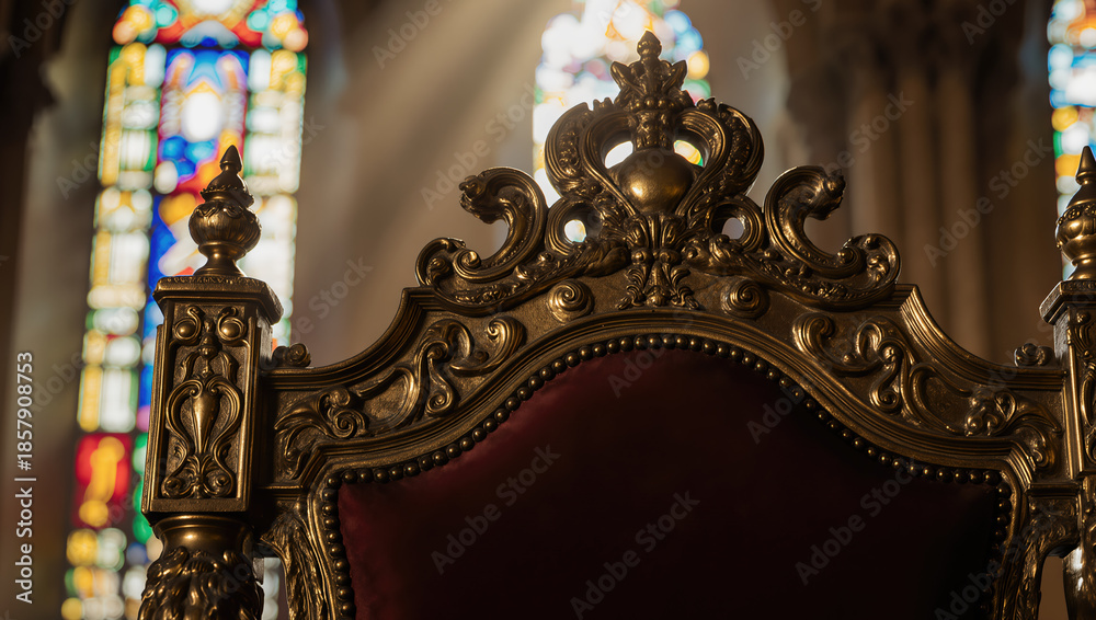 Fototapeta premium Ornate gilded throne chair inside historic cathedral symbolizing power, tradition and authority 