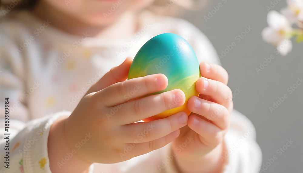 Naklejka premium Child holding colorful Easter egg in softly lit indoor environment 
