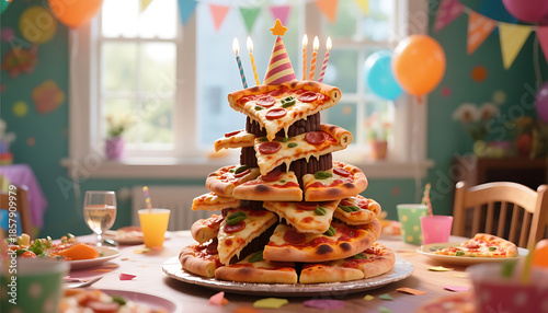 Pizza cake tower with birthday candles on festive table decoration  