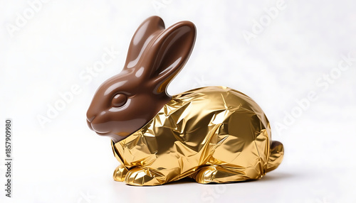 Chocolate bunny wrapped in gold foil on white background  