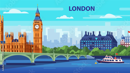 Vector illustration of London cityscape with iconic landmarks, river, and bridge in a vibrant vector style, b.eps inspired
