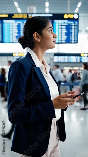 Businesswoman at the airport checking her phone, travel and technology concept.
