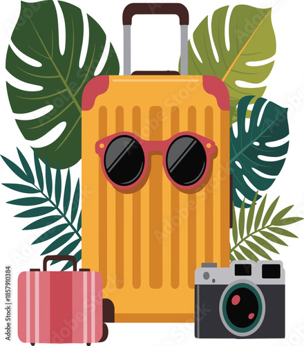 Colorful suitcase with sunglasses and camera surrounded by tropical leaves vector illustration EPS file download.
