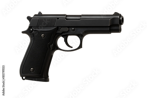 Black pistol handgun isolated on dark background modern firearm weapon concept representing security defense safety and tactical equipment with metallic structure and detailed texture design