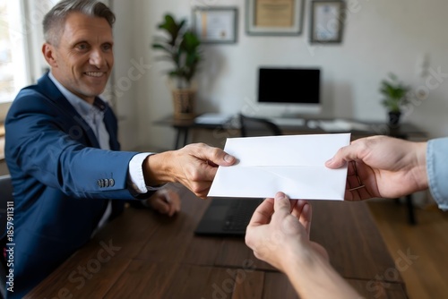 Business Professional Handing Envelope to Client in Office Meeting