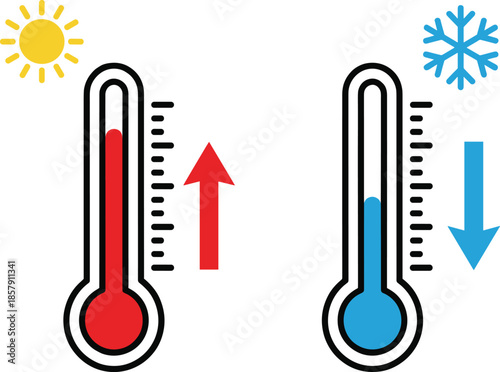 Hot and cold temperature thermometer icons showing rising and falling heat levels, weather climate concept, flat vector illustration isolated background