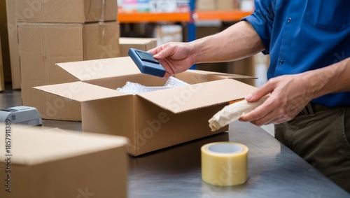 Worker Sealing Package with Tape in Warehouse - Shipping and Logistics Concept