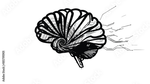 Black and white illustration of bird emerging from seashell with dynamic lines, symbolizing freedom and nature