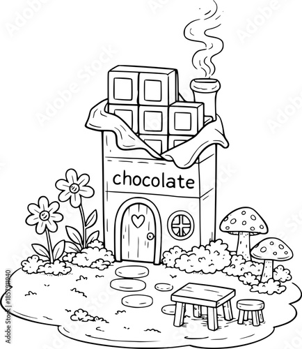 A simple black and white doodle of a fairy house shaped like a chocolate bar, surrounded by flowers, mushrooms, and small wooden furniture, designed for a kids coloring book.