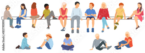 Teenagers and children sitting on a bench, group silhouettes of students, boys and girls, different colors, cartoon character, 
 flat icon design concept isolated on white background