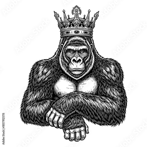 Gorilla with crown against white background
