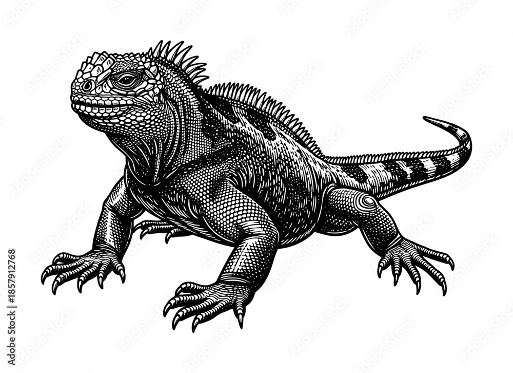 Fototapeta premium Iguana in vintage line art style