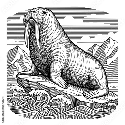 Walrus on ice floe with mountains in line art